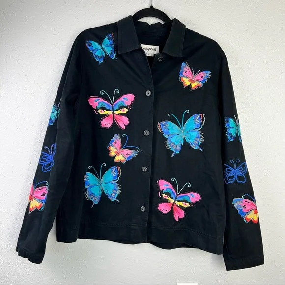 Easy Spirit 100% Cotton Black Button Up Breaded Butterfly Jacket Women’s Size L - Picture 8 of 14